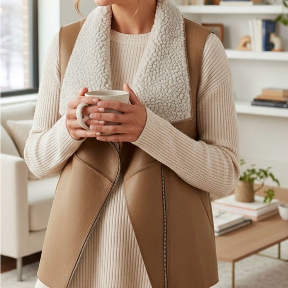 Cherish Jackets & Blazers - Cherish Faux Suede & Sherpa Tan Shearling Drape Front Moto Vest Jacket Small